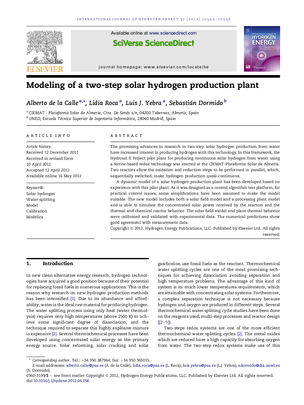 Modeling of a two-step solar hydrogen production plant