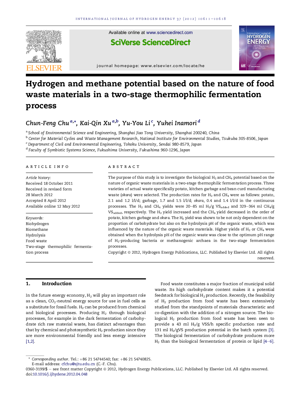 Hydrogen and methane potential based on the nature of food waste materials in a two-stage thermophilic fermentation process