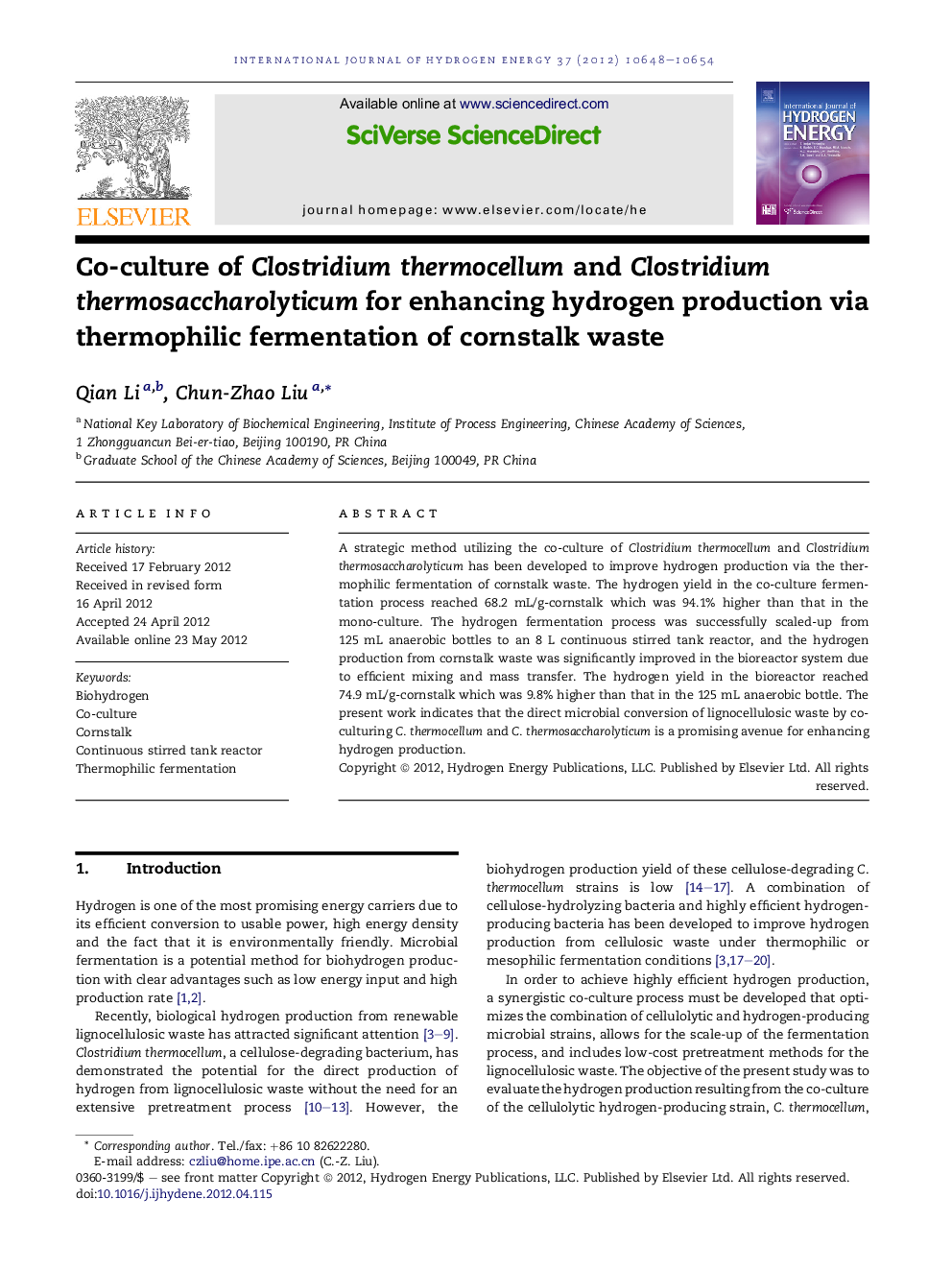 Co-culture of Clostridium thermocellum and Clostridium thermosaccharolyticum for enhancing hydrogen production via thermophilic fermentation of cornstalk waste