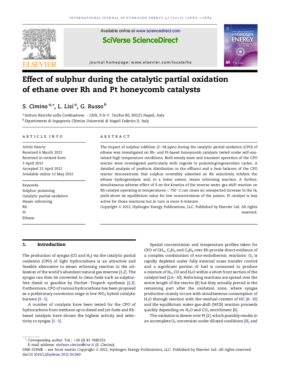 Effect of sulphur during the catalytic partial oxidation of ethane over Rh and Pt honeycomb catalysts