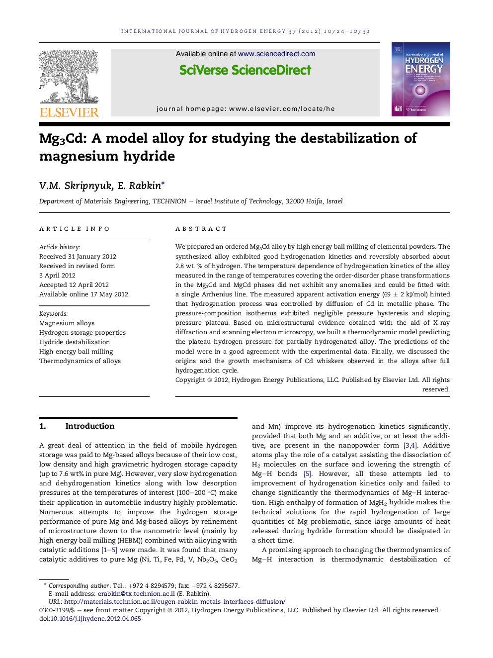 Mg3Cd: A model alloy for studying the destabilization of magnesium hydride