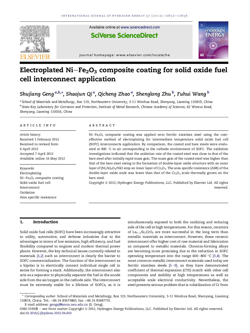 Electroplated Ni–Fe2O3 composite coating for solid oxide fuel cell interconnect application