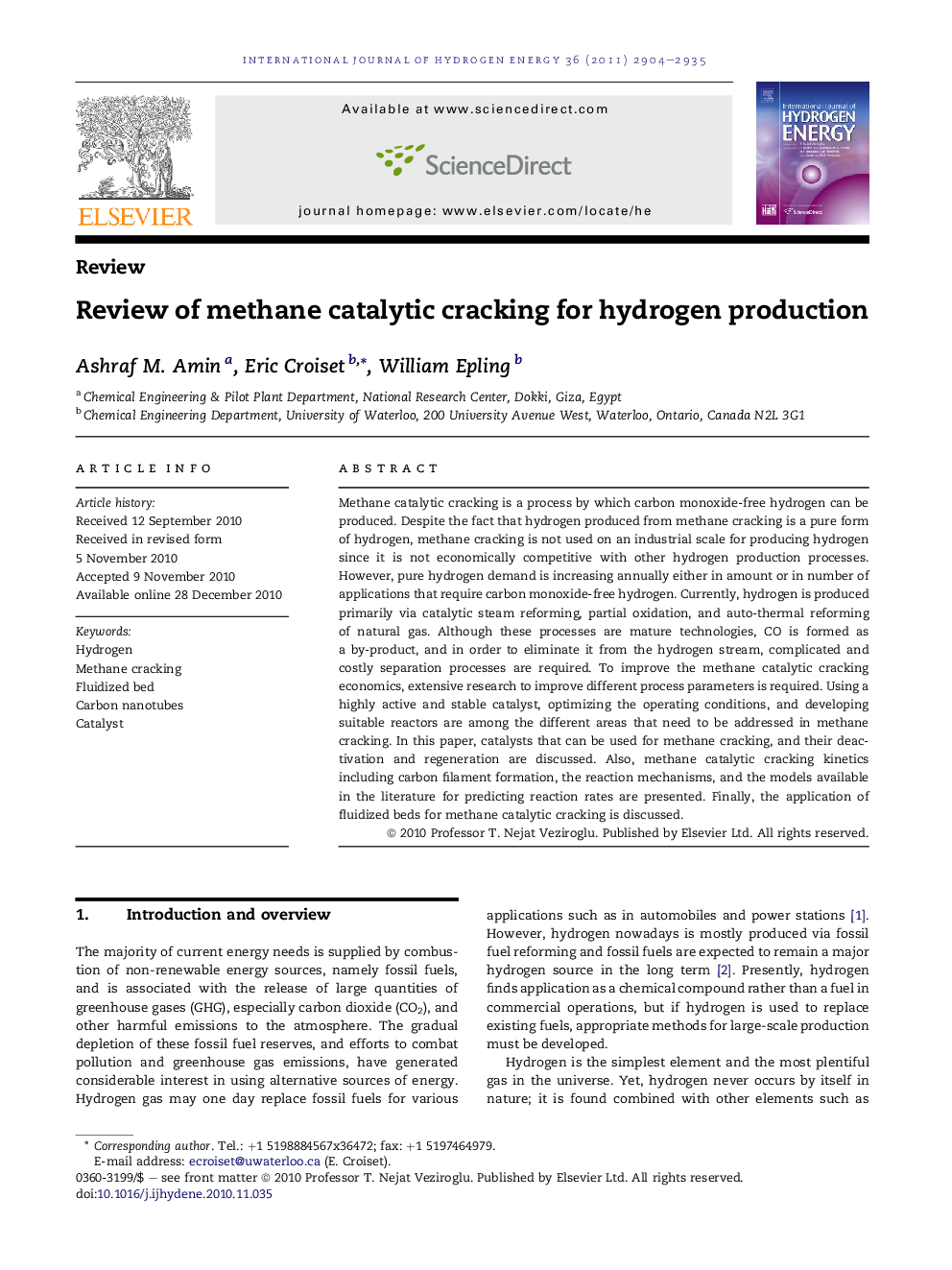 Review of methane catalytic cracking for hydrogen production