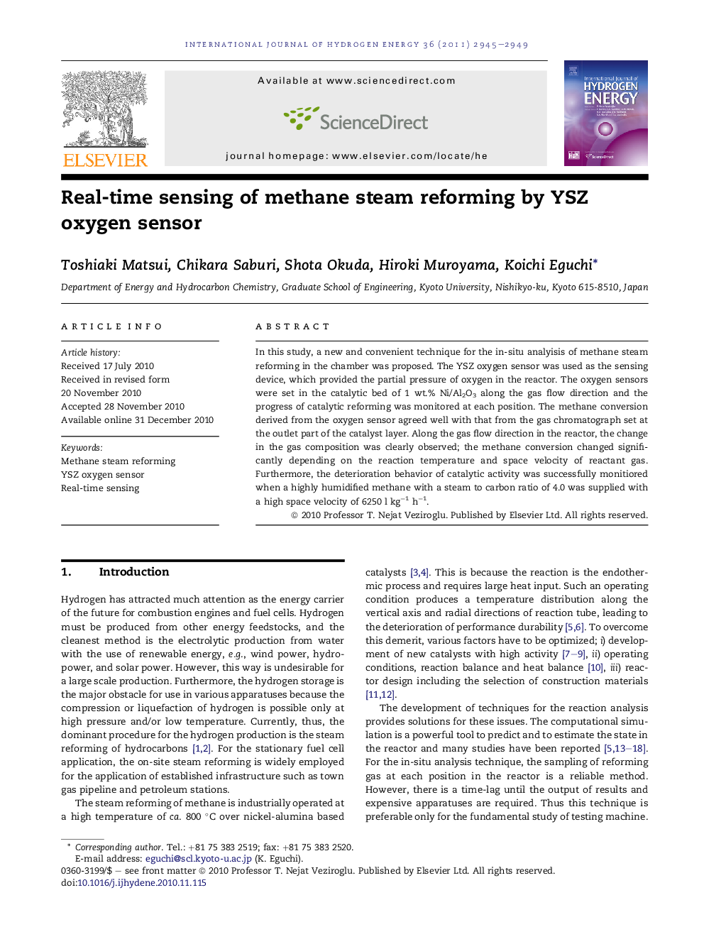عکس صفحه اول مقاله: Real-time sensing of methane steam reforming by YSZ oxygen sensor Real-time sensing of methane steam reforming by YSZ oxygen sensor