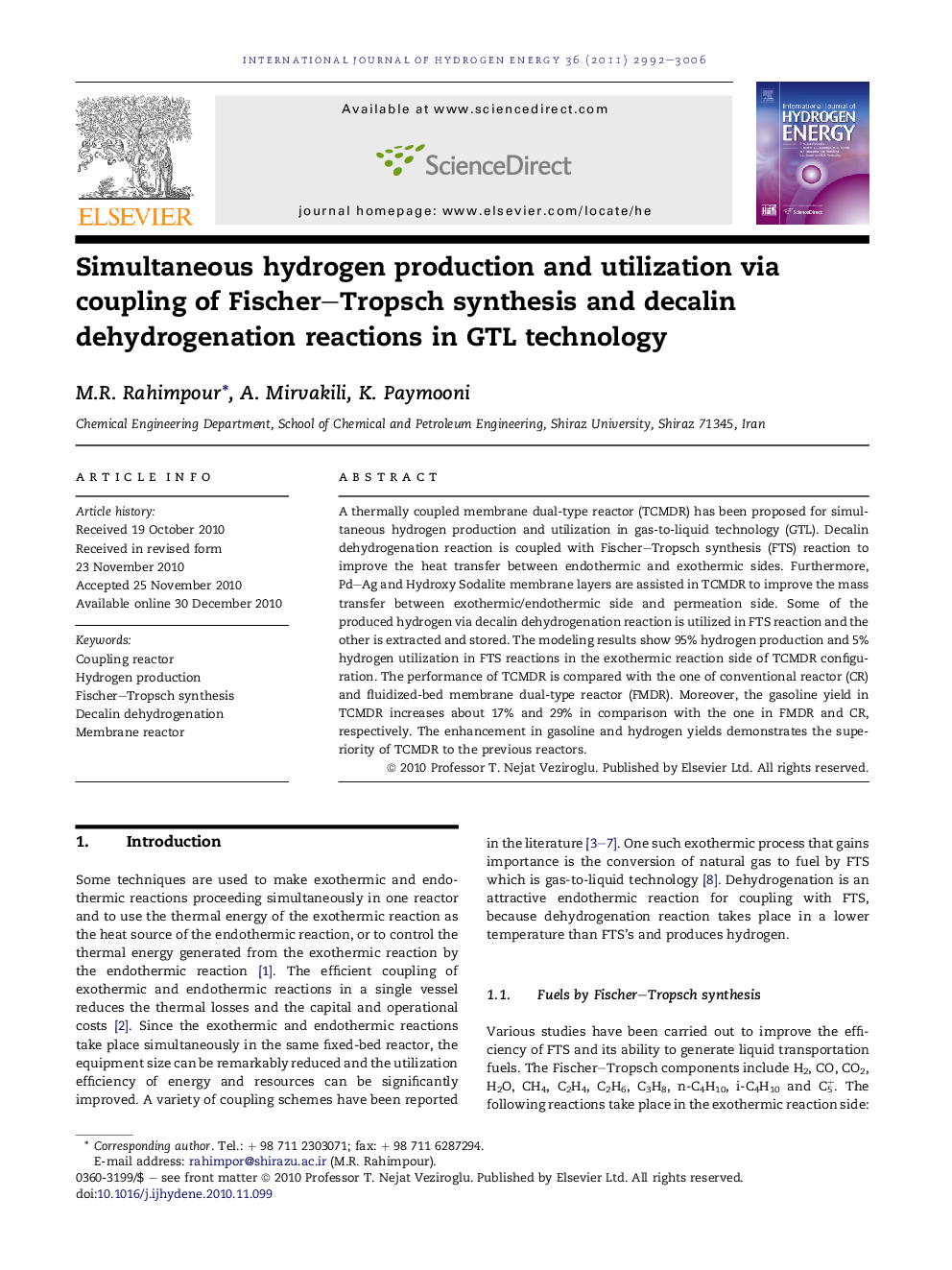 Simultaneous hydrogen production and utilization via coupling of Fischer–Tropsch synthesis and decalin dehydrogenation reactions in GTL technology