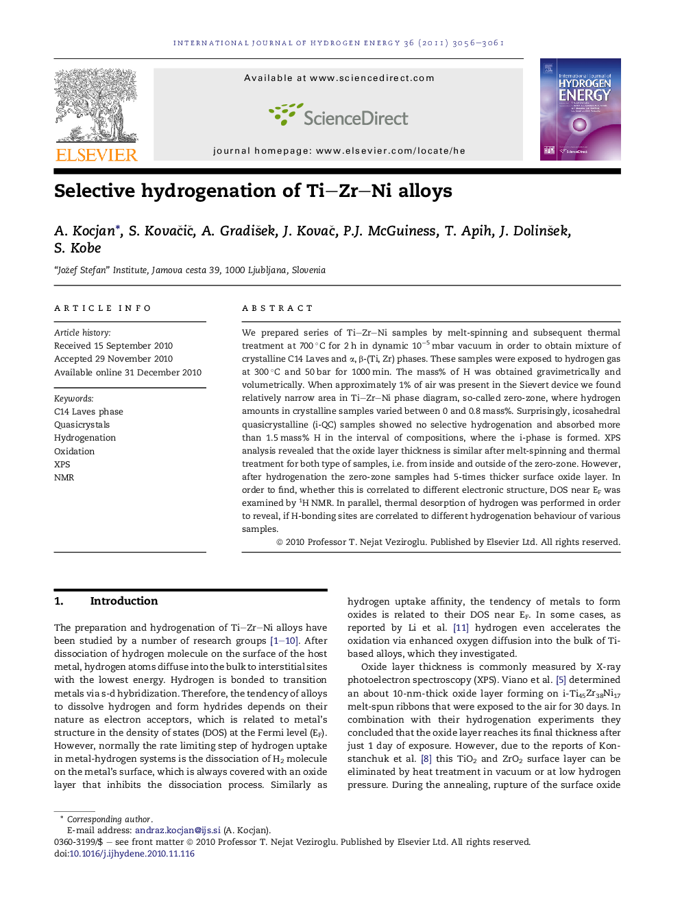 Selective hydrogenation of Ti–Zr–Ni alloys