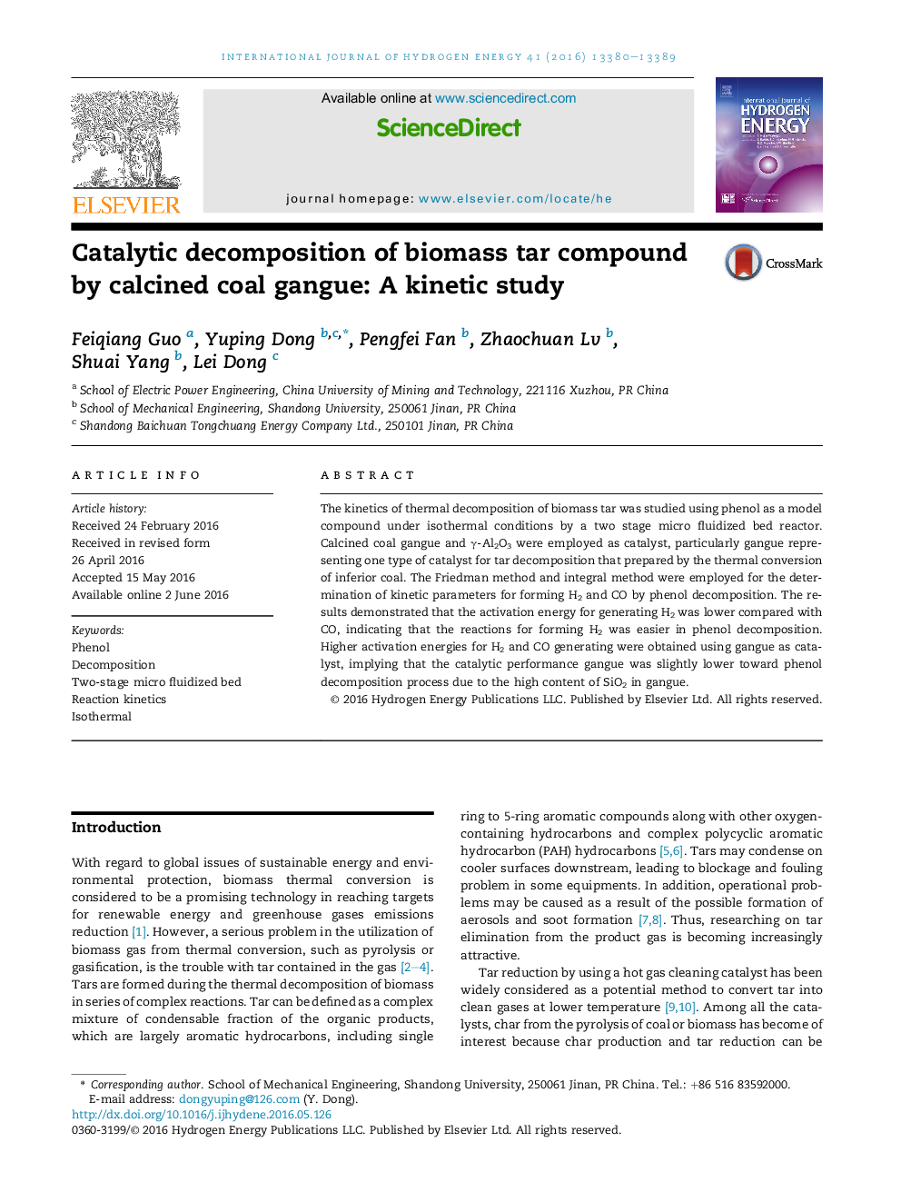 Catalytic decomposition of biomass tar compound by calcined coal gangue: A kinetic study