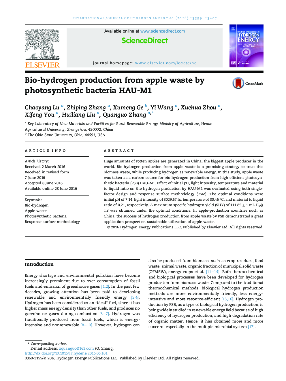 Bio-hydrogen production from apple waste by photosynthetic bacteria HAU-M1