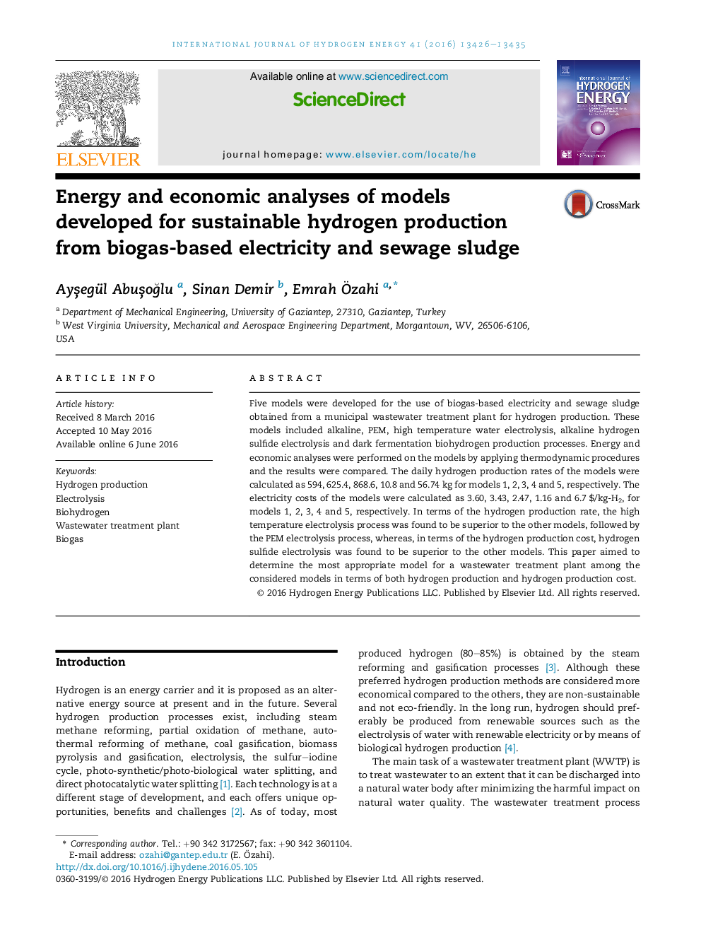 Energy and economic analyses of models developed for sustainable hydrogen production from biogas-based electricity and sewage sludge