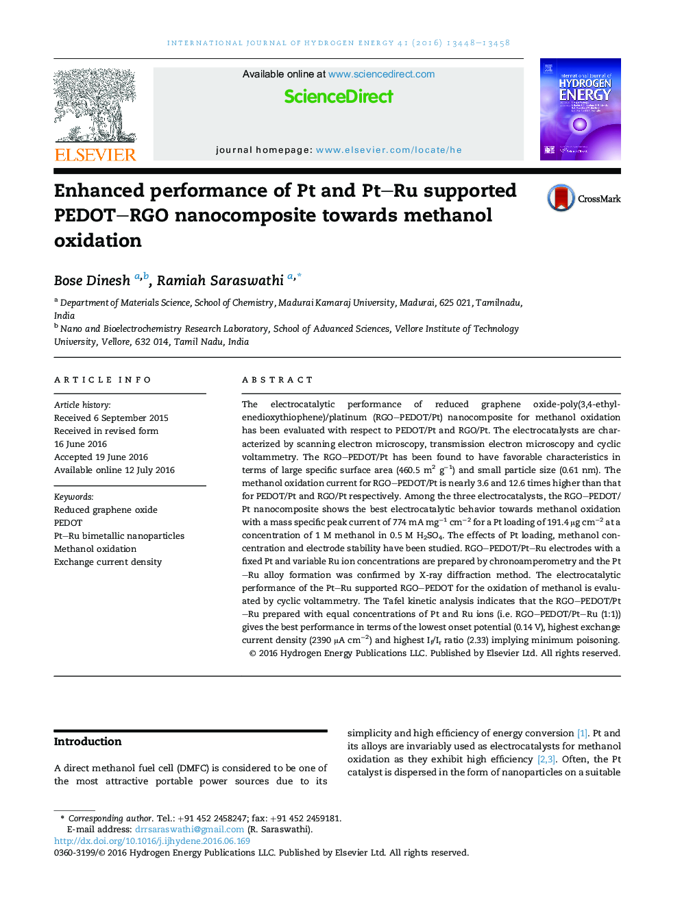 Enhanced performance of Pt and Pt–Ru supported PEDOT–RGO nanocomposite towards methanol oxidation