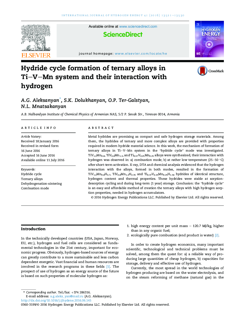 Hydride cycle formation of ternary alloys in TiVMn system and their interaction with hydrogen
