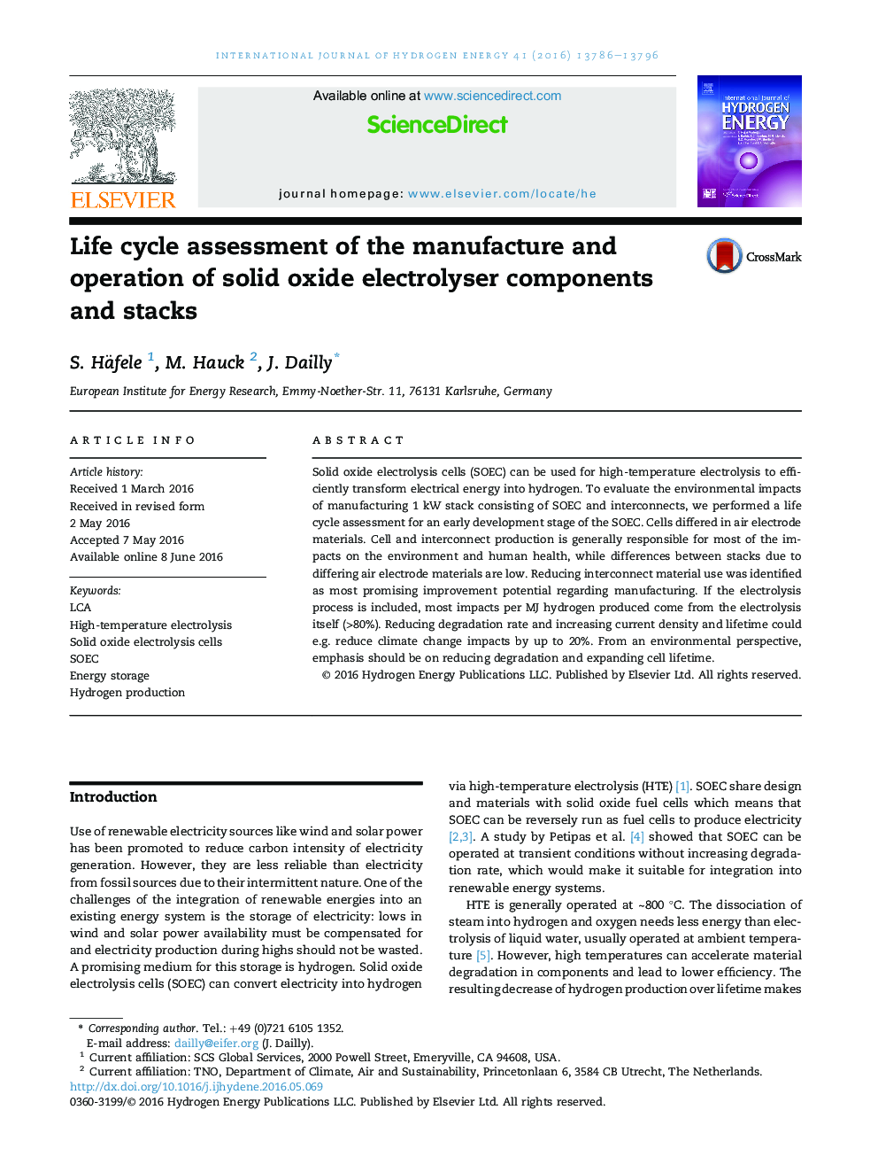 Life cycle assessment of the manufacture and operation of solid oxide electrolyser components and stacks