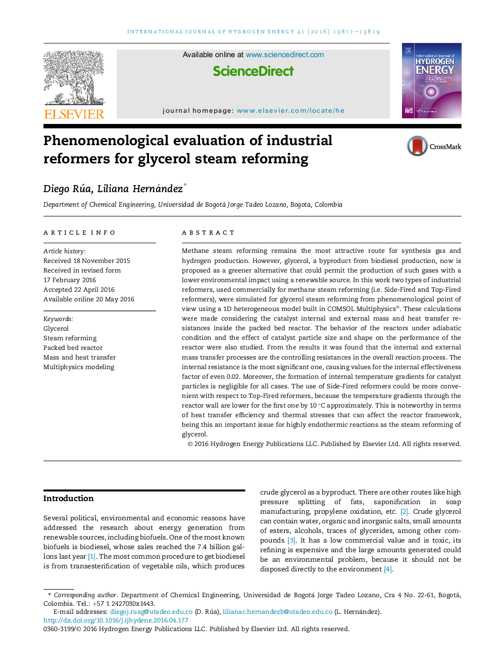 Phenomenological evaluation of industrial reformers for glycerol steam reforming