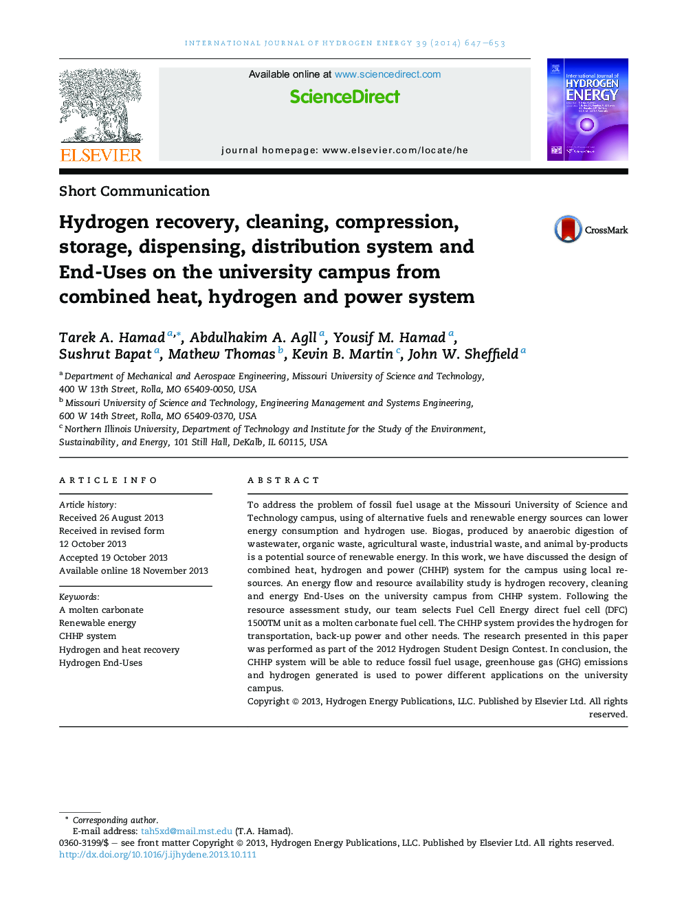 Hydrogen recovery, cleaning, compression, storage, dispensing, distribution system and End-Uses on the university campus from combined heat, hydrogen and power system