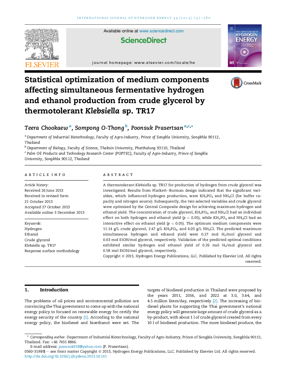 Statistical optimization of medium components affecting simultaneous fermentative hydrogen and ethanol production from crude glycerol by thermotolerant Klebsiella sp. TR17