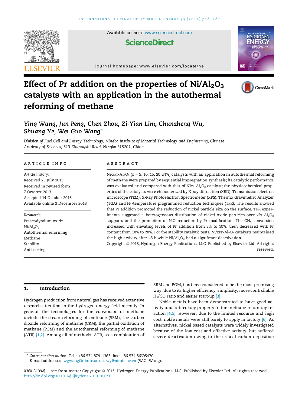 Effect of Pr addition on the properties of Ni/Al2O3 catalysts with an application in the autothermal reforming of methane