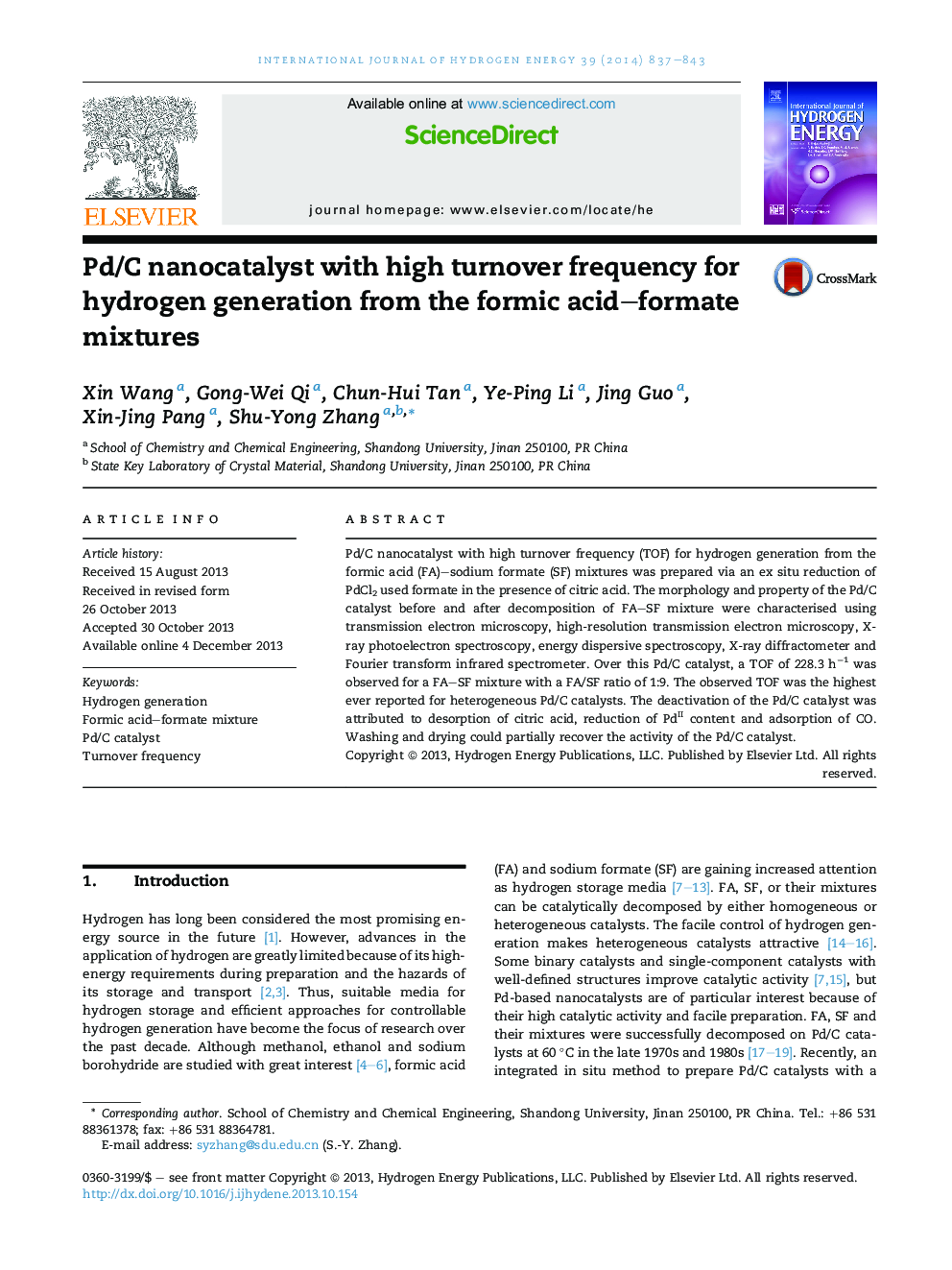 Pd/C nanocatalyst with high turnover frequency for hydrogen generation from the formic acid–formate mixtures