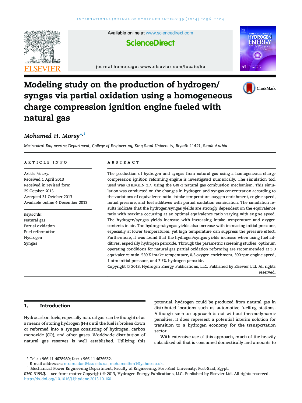 Modeling study on the production of hydrogen/syngas via partial oxidation using a homogeneous charge compression ignition engine fueled with natural gas