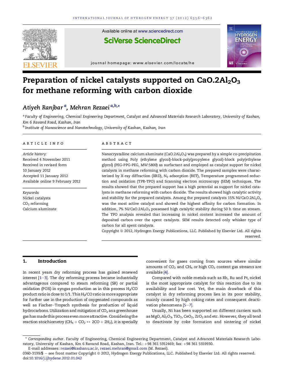 Preparation of nickel catalysts supported on CaO.2Al2O3 for methane reforming with carbon dioxide