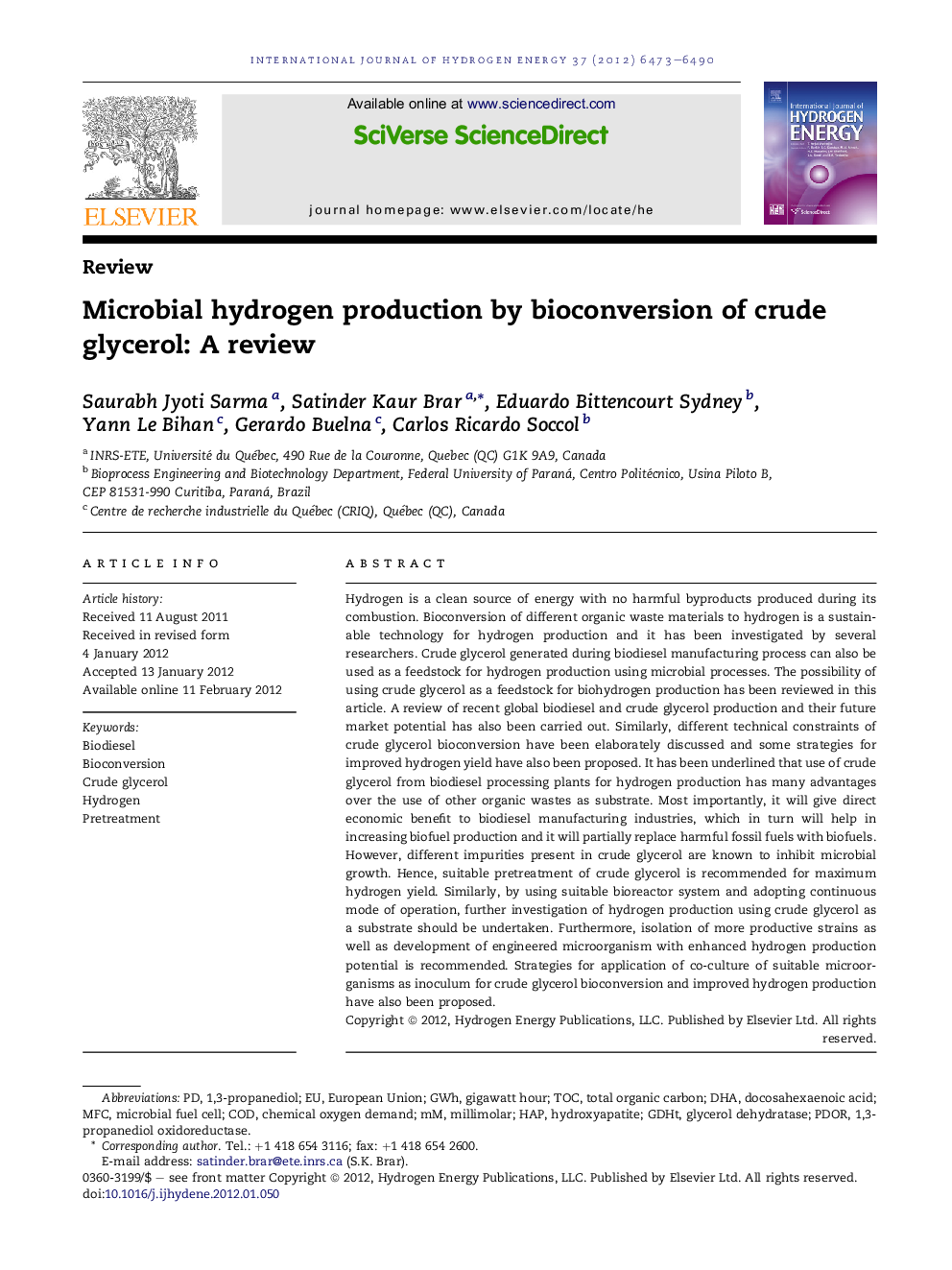 Microbial hydrogen production by bioconversion of crude glycerol: A review