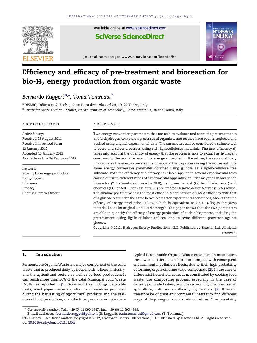 Efficiency and efficacy of pre-treatment and bioreaction for bio-H2 energy production from organic waste