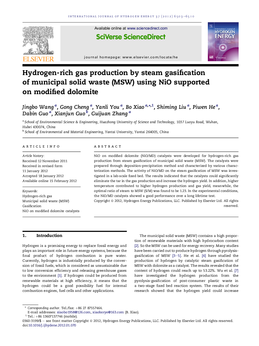 Hydrogen-rich gas production by steam gasification of municipal solid waste (MSW) using NiO supported on modified dolomite