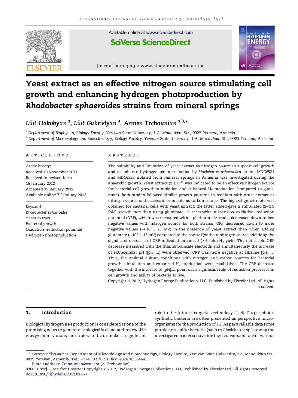 Yeast extract as an effective nitrogen source stimulating cell growth and enhancing hydrogen photoproduction by Rhodobacter sphaeroides strains from mineral springs