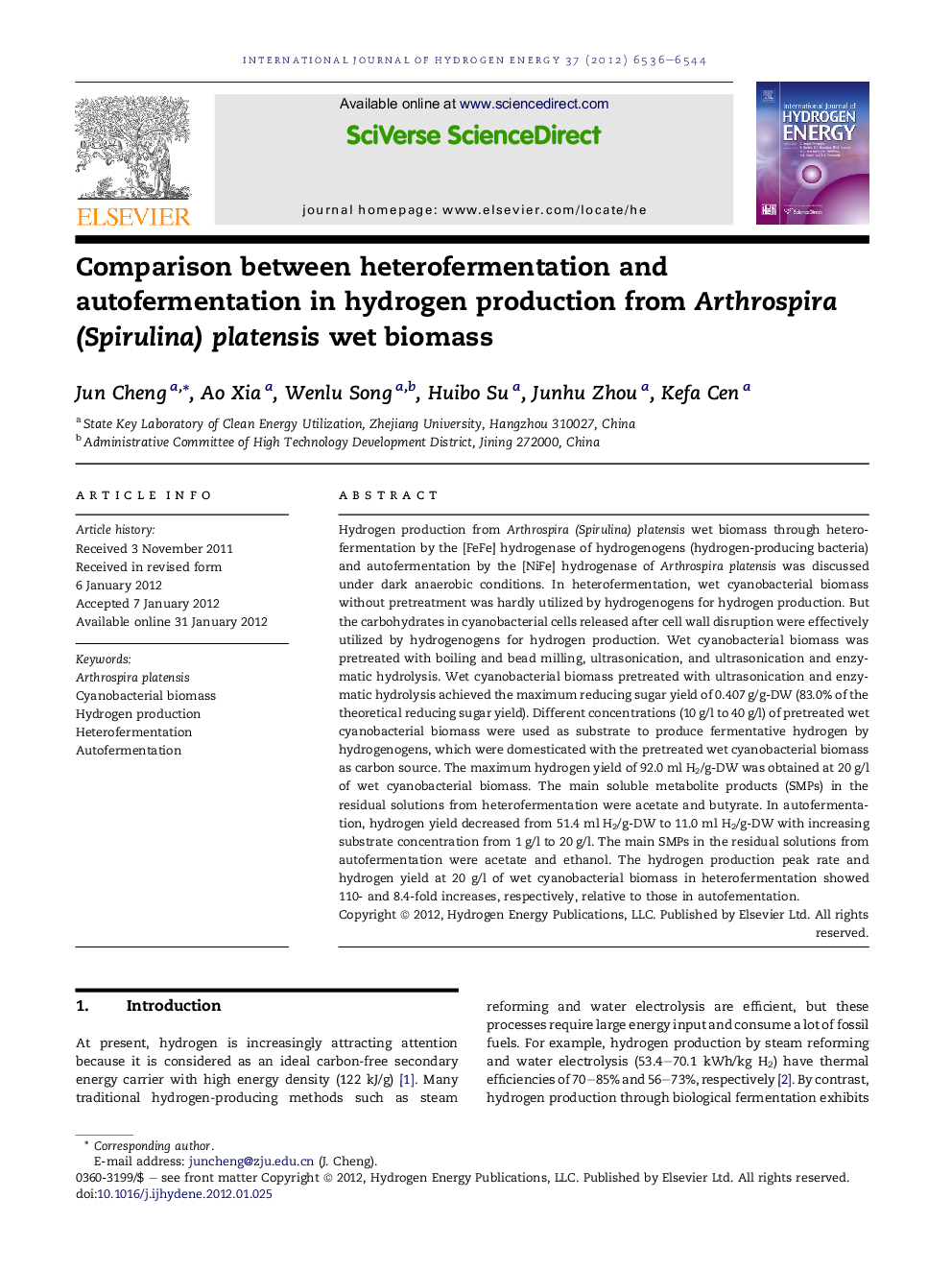 Comparison between heterofermentation and autofermentation in hydrogen production from Arthrospira (Spirulina) platensis wet biomass