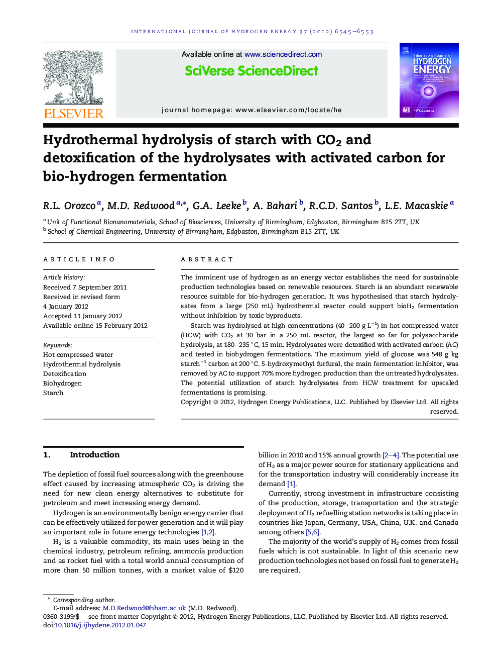 Hydrothermal hydrolysis of starch with CO2 and detoxification of the hydrolysates with activated carbon for bio-hydrogen fermentation