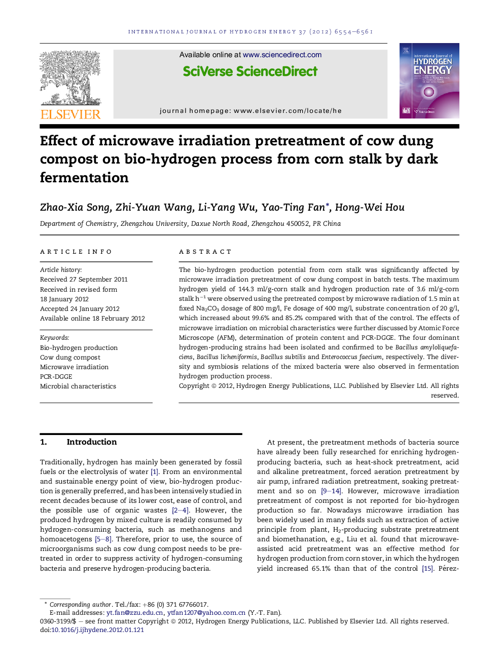 Effect of microwave irradiation pretreatment of cow dung compost on bio-hydrogen process from corn stalk by dark fermentation