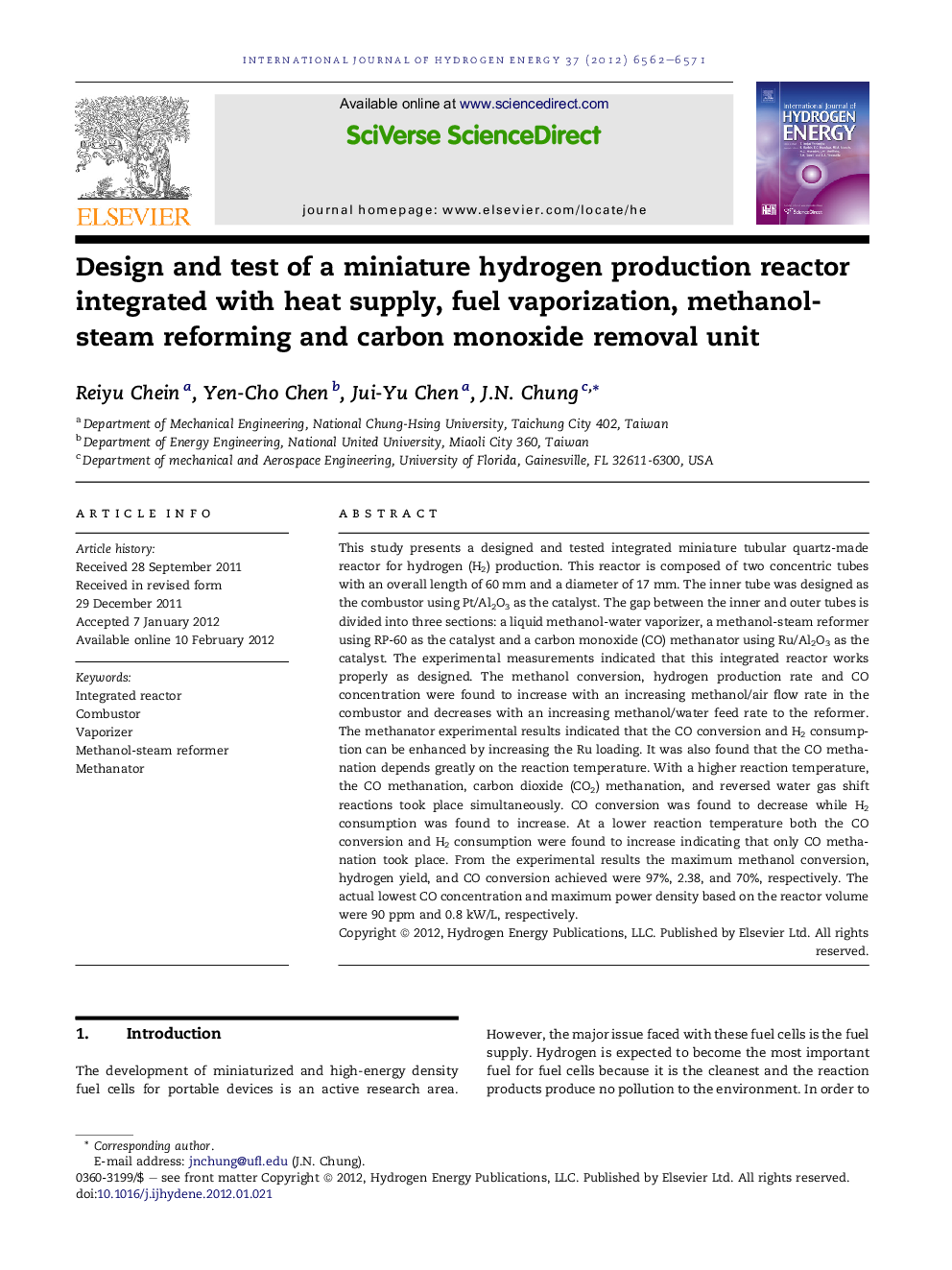 Design and test of a miniature hydrogen production reactor integrated with heat supply, fuel vaporization, methanol-steam reforming and carbon monoxide removal unit