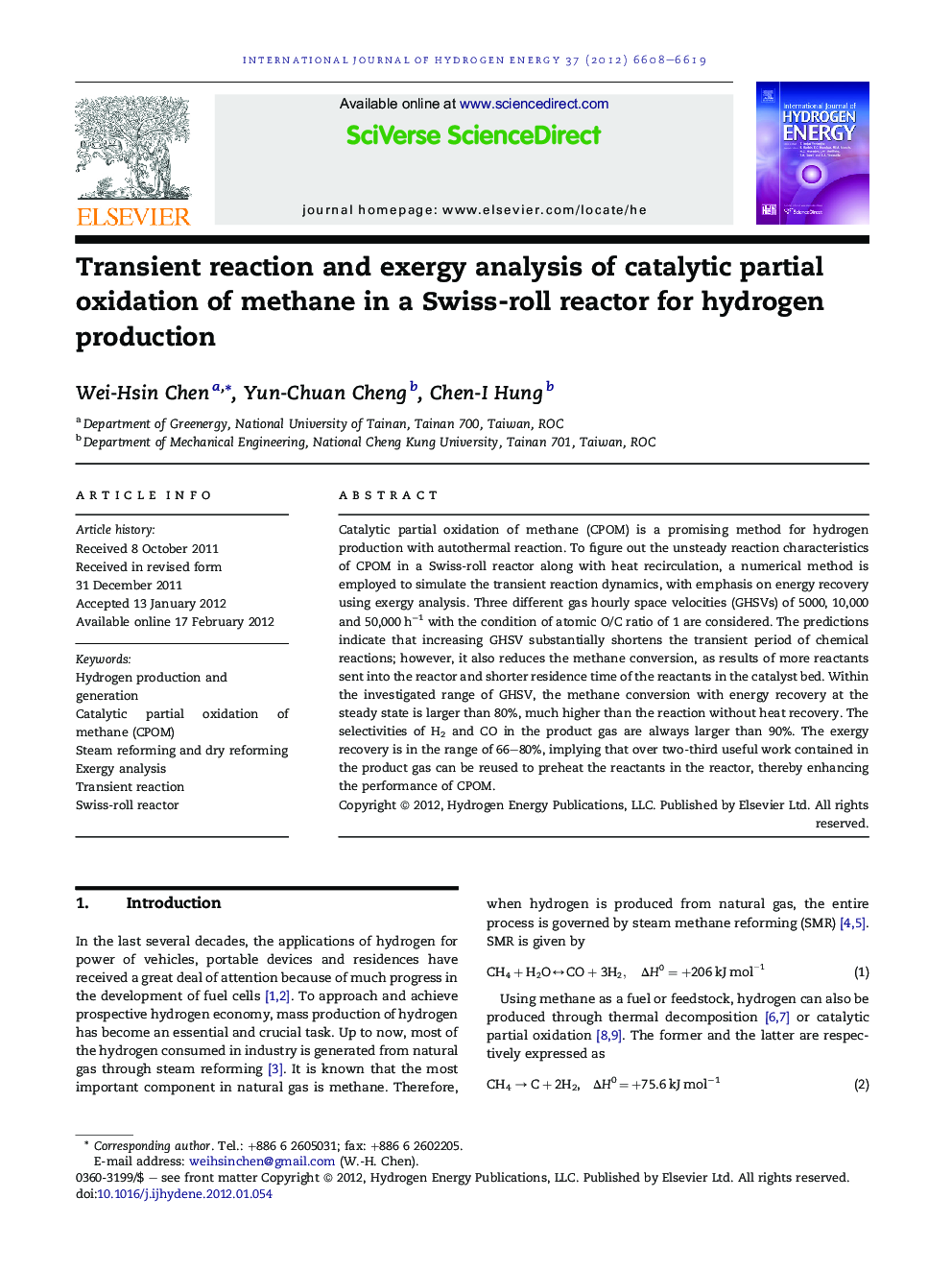 Transient reaction and exergy analysis of catalytic partial oxidation of methane in a Swiss-roll reactor for hydrogen production