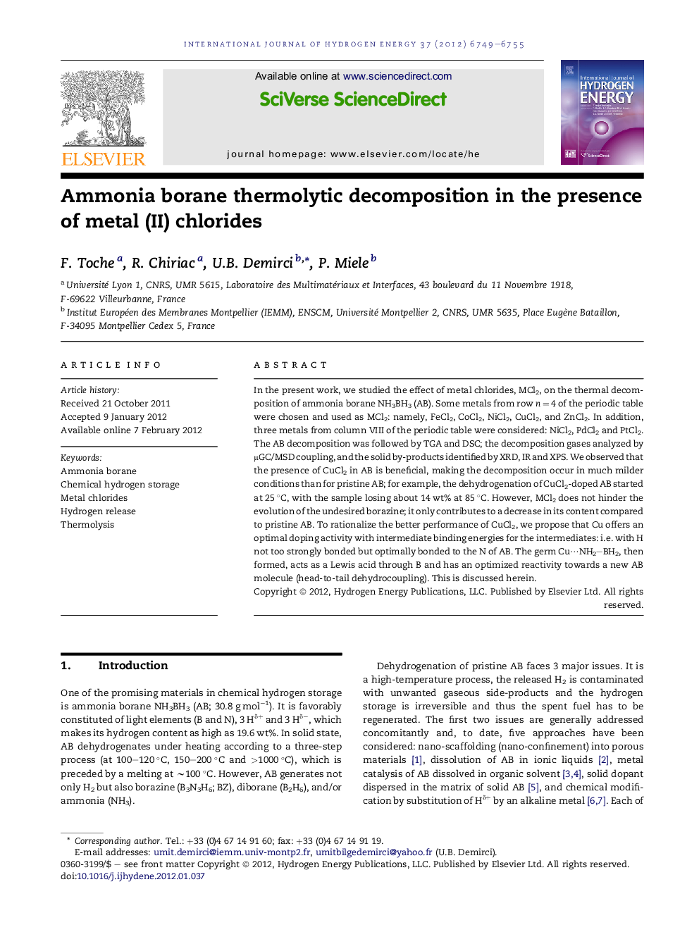 Ammonia borane thermolytic decomposition in the presence of metal (II) chlorides