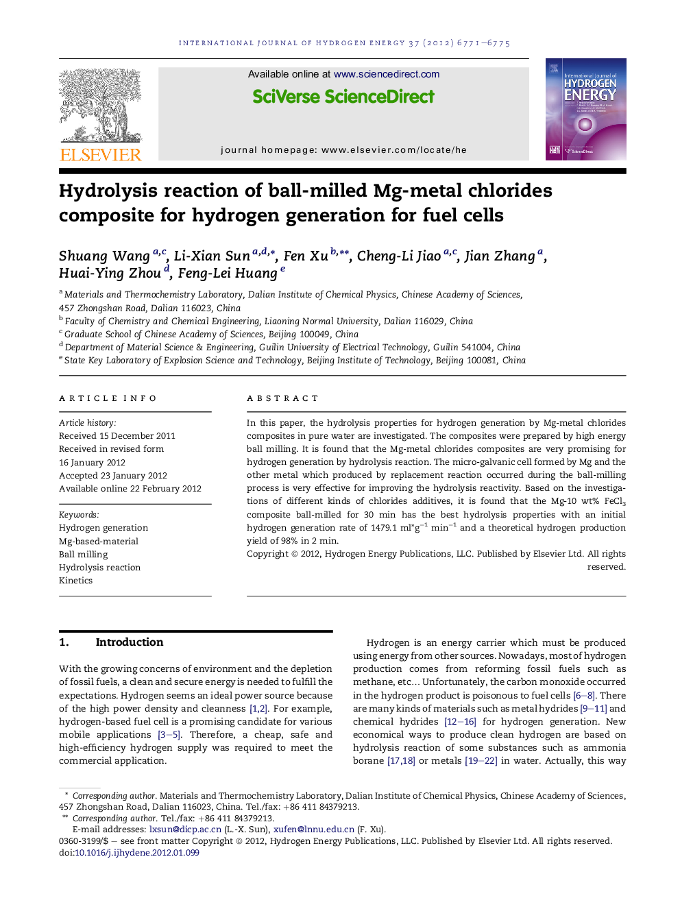 Hydrolysis reaction of ball-milled Mg-metal chlorides composite for hydrogen generation for fuel cells