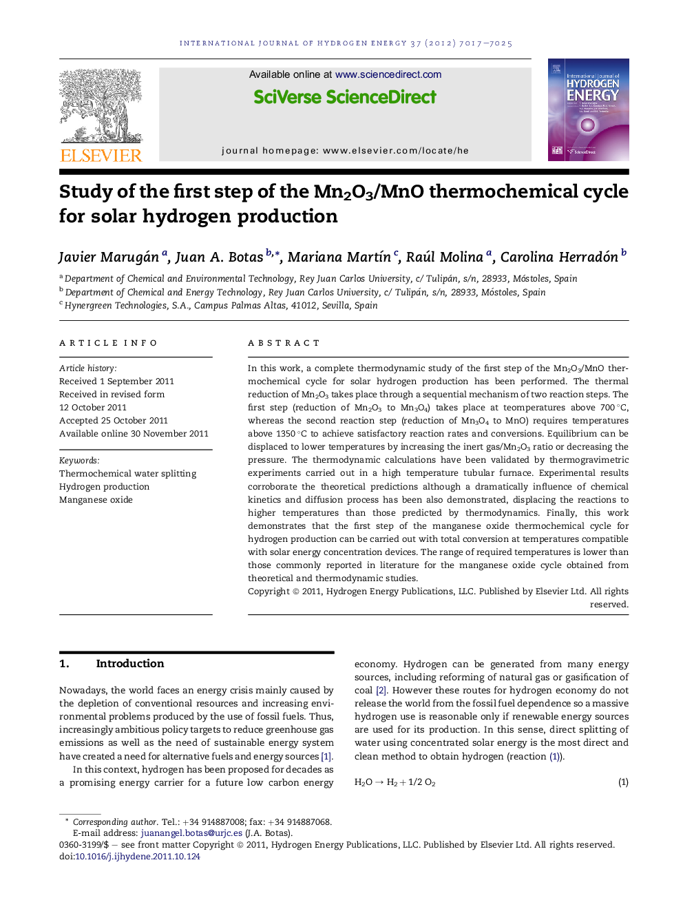 Study of the first step of the Mn2O3/MnO thermochemical cycle for solar hydrogen production