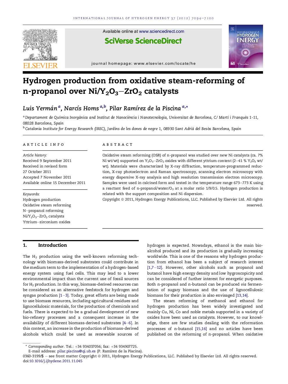 Hydrogen production from oxidative steam-reforming of n-propanol over Ni/Y2O3–ZrO2 catalysts