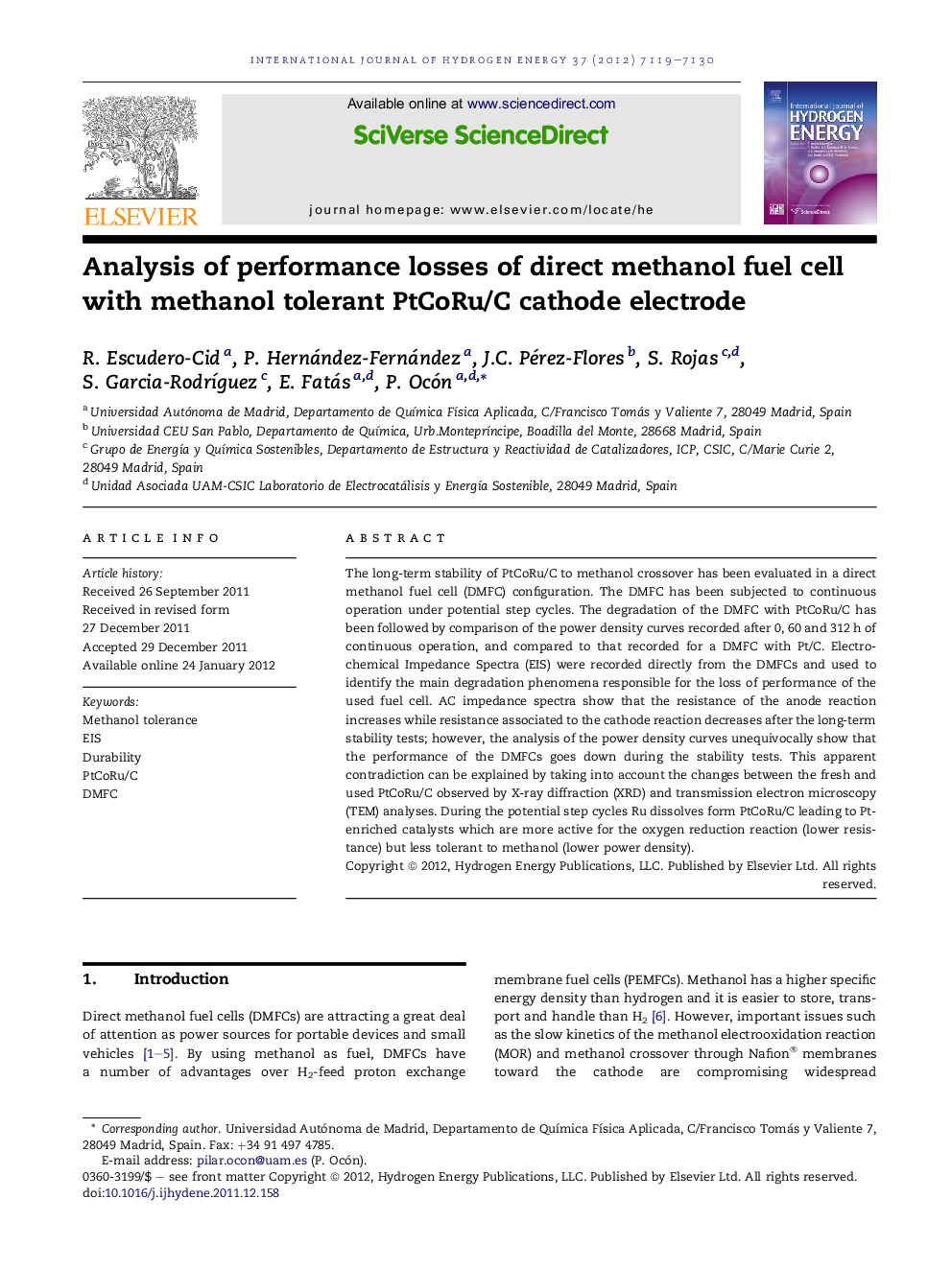 Analysis of performance losses of direct methanol fuel cell with methanol tolerant PtCoRu/C cathode electrode