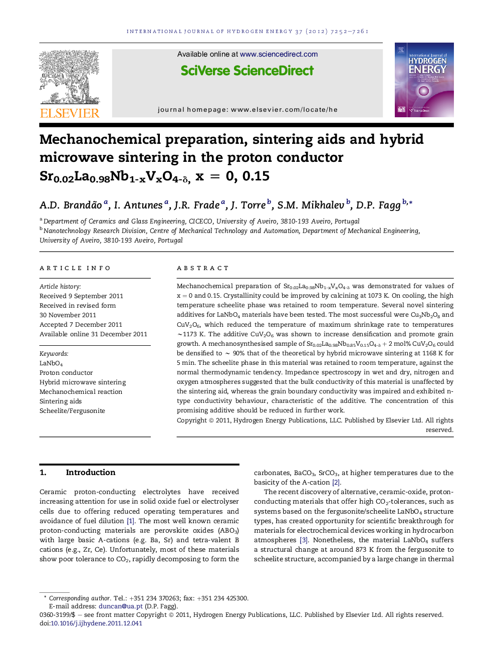 Mechanochemical preparation, sintering aids and hybrid microwave sintering in the proton conductor Sr0.02La0.98Nb1-xVxO4-δ, x = 0, 0.15