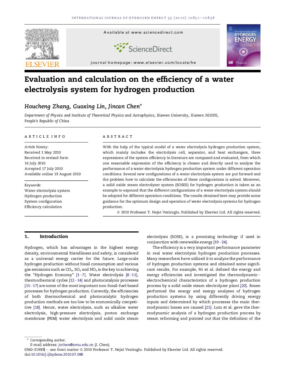 Evaluation and calculation on the efficiency of a water electrolysis system for hydrogen production