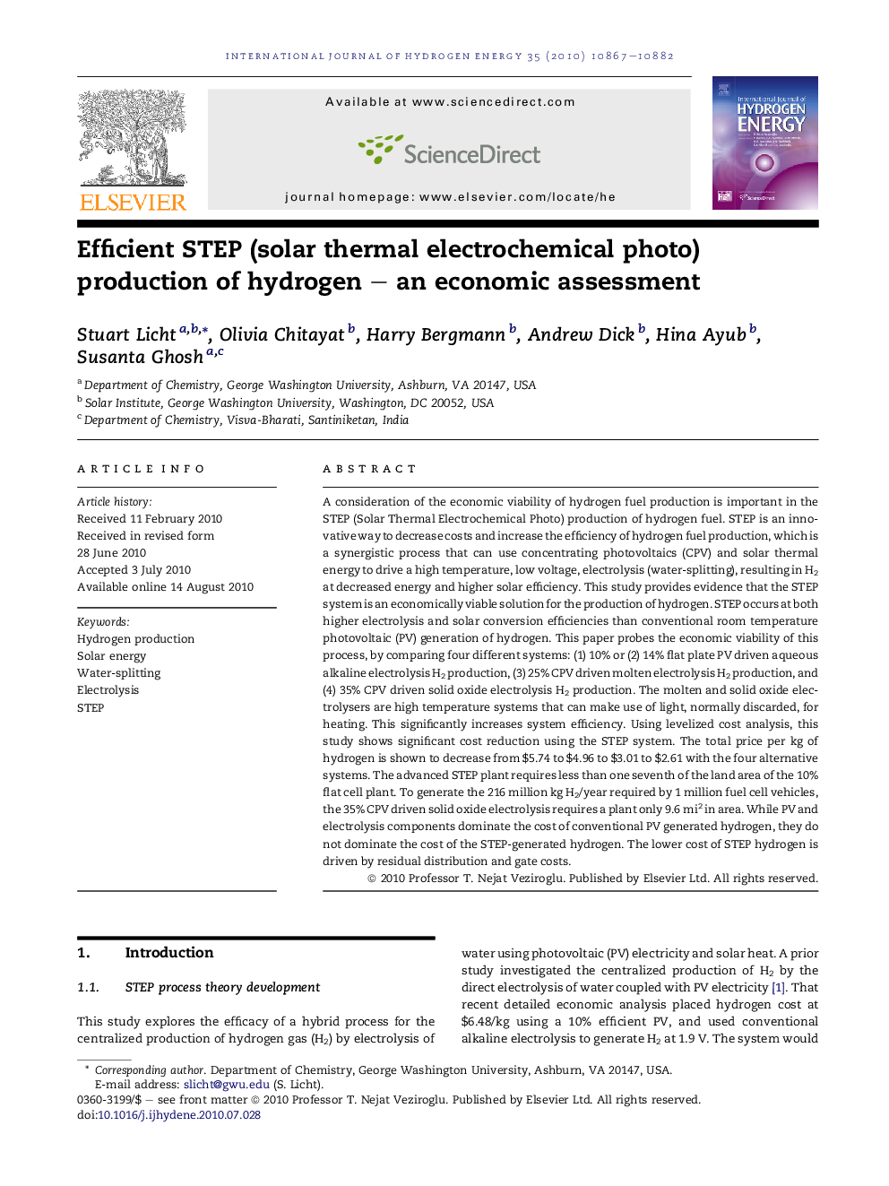 Efficient STEP (solar thermal electrochemical photo) production of hydrogen – an economic assessment