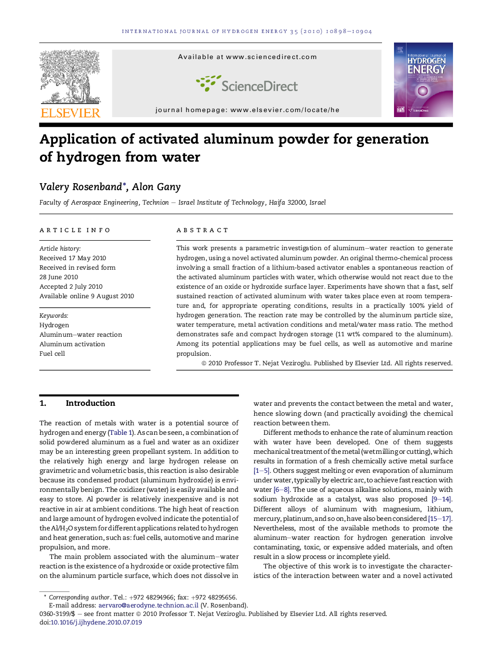 Application of activated aluminum powder for generation of hydrogen from water