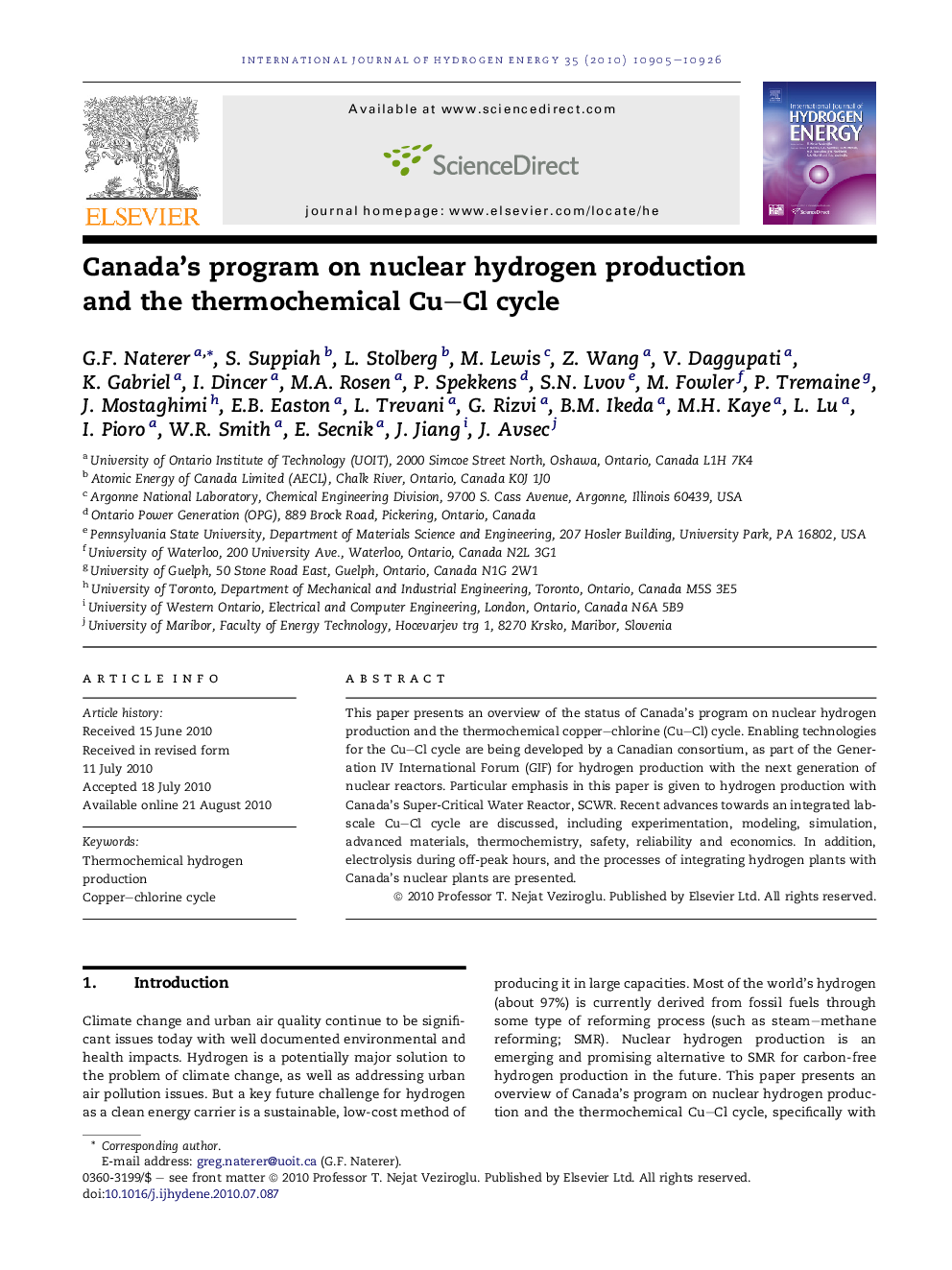 Canada’s program on nuclear hydrogen production and the thermochemical Cu–Cl cycle