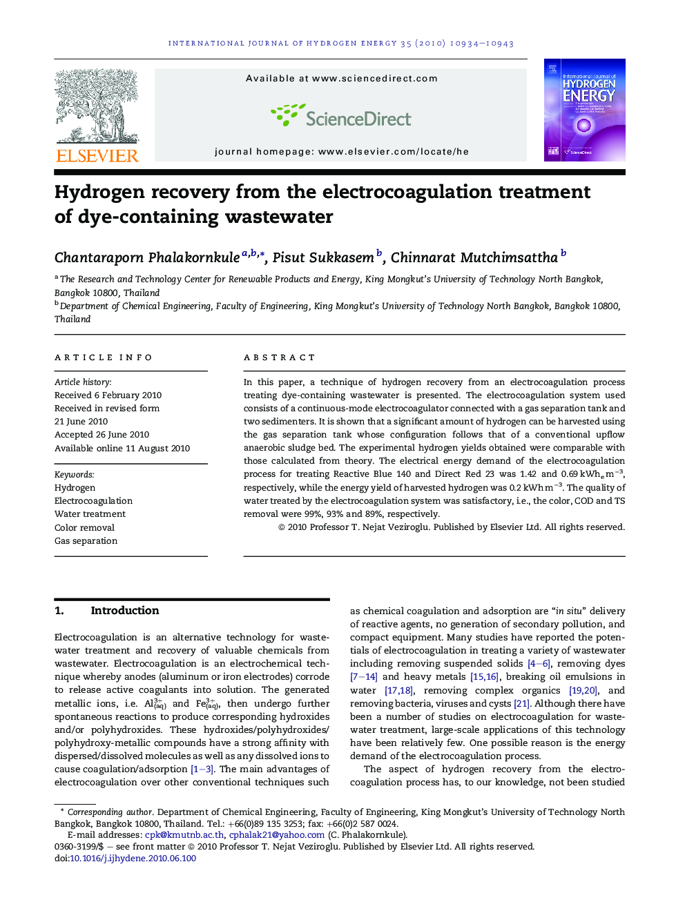 Hydrogen recovery from the electrocoagulation treatment of dye-containing wastewater