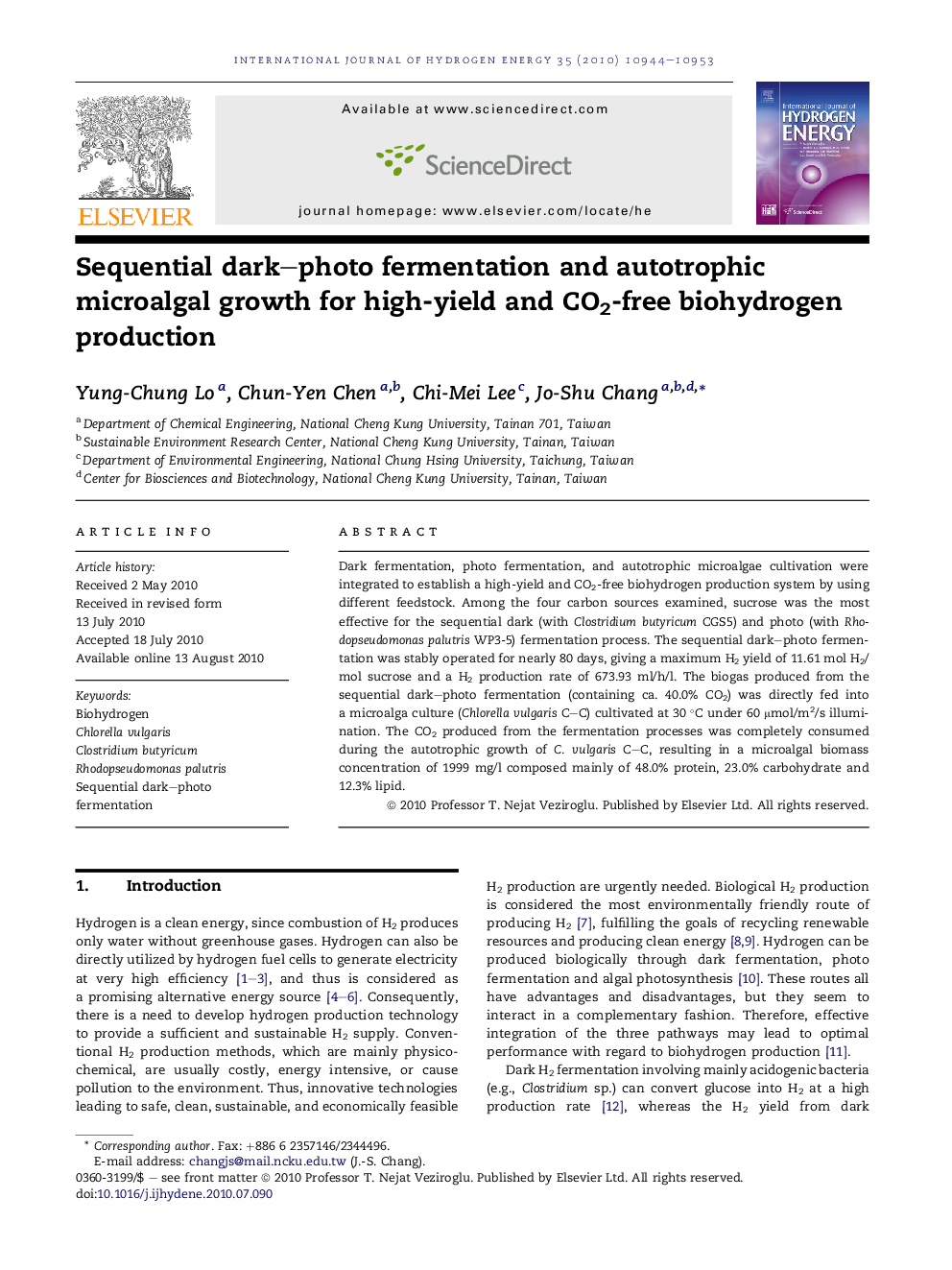 Sequential dark–photo fermentation and autotrophic microalgal growth for high-yield and CO2-free biohydrogen production