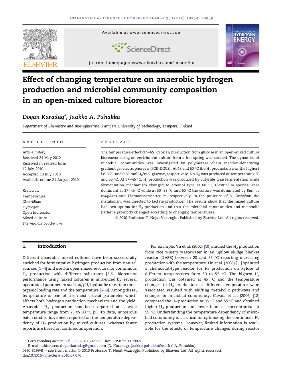 Effect of changing temperature on anaerobic hydrogen production and microbial community composition in an open-mixed culture bioreactor