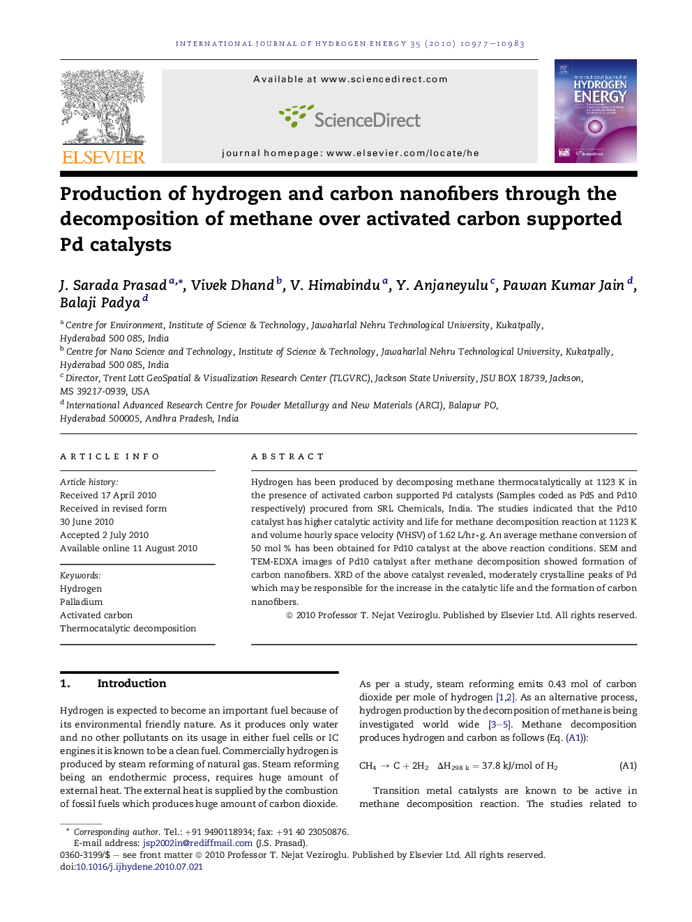 Production of hydrogen and carbon nanofibers through the decomposition of methane over activated carbon supported Pd catalysts