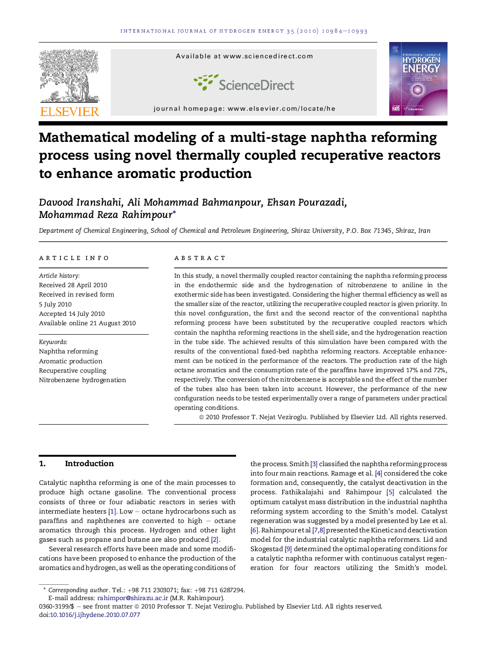 Mathematical modeling of a multi-stage naphtha reforming process using novel thermally coupled recuperative reactors to enhance aromatic production