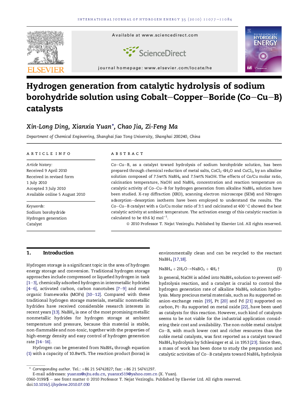 Hydrogen generation from catalytic hydrolysis of sodium borohydride solution using Cobalt–Copper–Boride (Co–Cu–B) catalysts