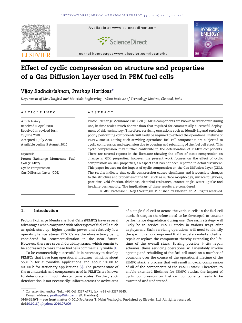 Effect of cyclic compression on structure and properties of a Gas Diffusion Layer used in PEM fuel cells