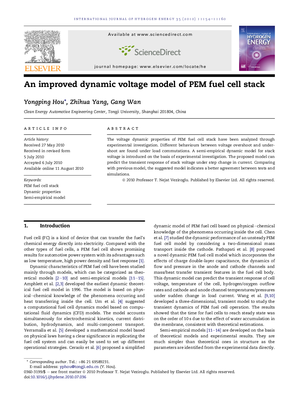 An improved dynamic voltage model of PEM fuel cell stack